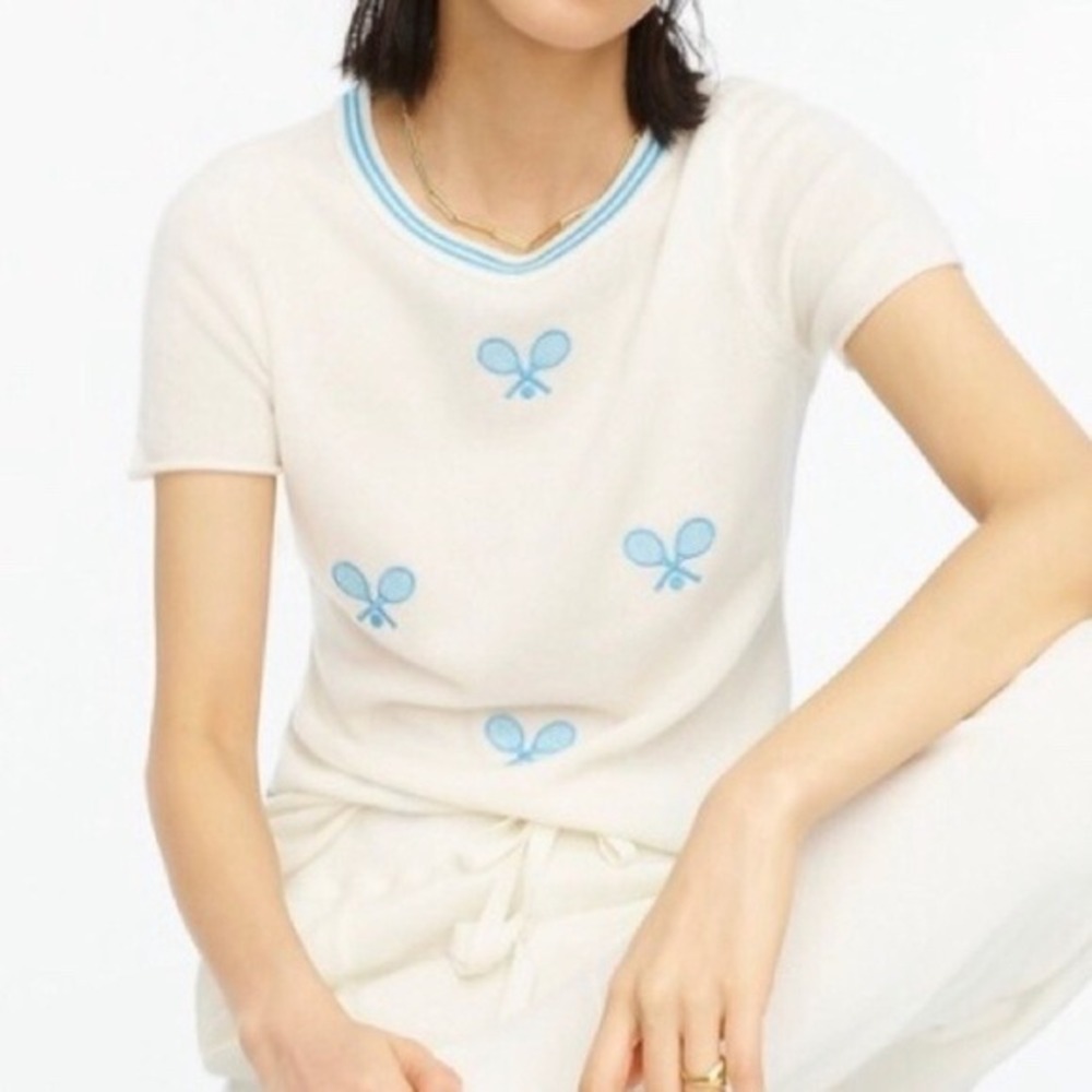 J Crew Womens Cashmere Short‎ Sleeve Sweater Top Cream Blue Size Medium